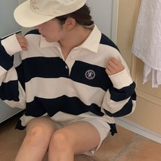 Rubs Obl條紋刺繡翻領大學T恤