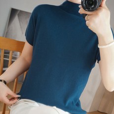 더시럽 여성용 부드러운 루즈 하프넥 반팔 니트