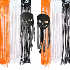 PARTYSHOW 黑色骷髏掛飾 + 3色混合流蘇窗簾組, 橘色 + 白色 + 黑色(窗簾), 2套