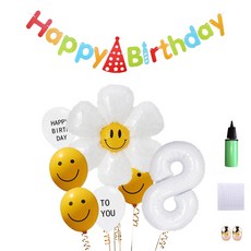 MINITTINE Happy Birthday微笑花朵大型數字8氣球 白色 80cm + Happy Birthday彩虹掛旗 + 微笑乳膠氣球3入 + 2款乳膠氣球 + 雛菊氣球 + 緞帶 + 玫瑰金緞帶2入 + 點膠 + 打氣筒隨機出貨組合, 混合顏色, 1套