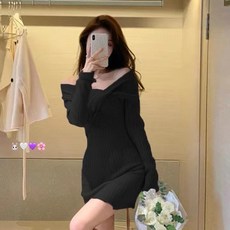 PEONIST 露肩羅紋針織裹身迷你連身裙, 黑色