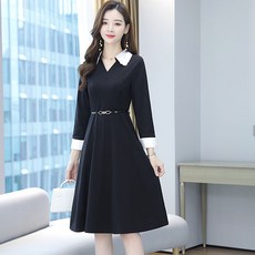 LUNAGIRL 拼色領細腰帶連身裙, 黑色