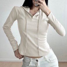 라라온 캐주얼 후드넥 스트랩 골지 긴팔 티셔츠 25TSP3491