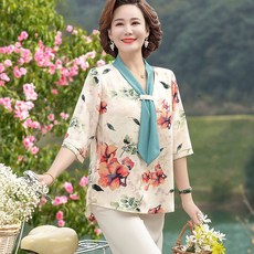 마켓에이 여성용 민트 스카프 패턴 반팔 블라우스