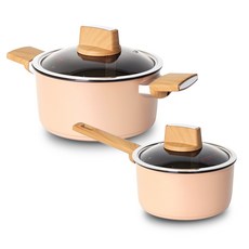 Kitchen-Art MONT IH感應爐適用木質握把鈦合金不沾湯鍋 2件組, 單柄鍋18cm+雙耳鍋20cm, 混色