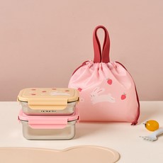 Modern House 雙層分離式304不鏽鋼兒童便當盒 650ml + 聚酯纖維提袋組, 1套, 快樂春天
