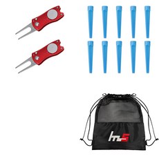 NAYASTYLE 高爾夫果嶺叉修補器 2入 GFYP-41-2 + 塑膠高爾夫長球梯 10入 185-2 + PU收納袋組合, 紅色(修補器), 藍色(長球梯)