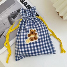 泰迪熊圖案藍色格子束口袋