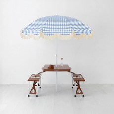 마켓비 캠폴 4인 야외 의자일체형 접이식테이블 + 로밀 테슬 파라솔 세트, 브라운 + 스카이블루패턴B