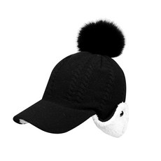 lupeo 女款羊毛針織羊羔毛鈕扣護耳帽, 黑色狐狸毛球