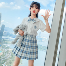 女童星星皇冠刺繡蝴蝶領帶圓領襯衫+格紋百褶裙套裝