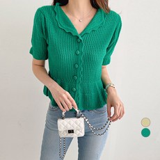 쿨쿠 여성용 버블 플레어 퍼프 반팔 니트