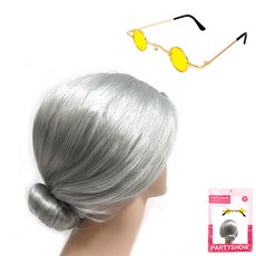 PARTYSHOW 奶奶假髮 + 復古迷你眼鏡組, 銀色(假髮), 金邊黃色(眼鏡), 1套