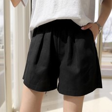 빼빼 여성용 통기성 스트링 밴딩 핀턱 린넨 반바지