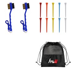 NAYASTYLE 高爾夫球桿頭清潔器 2入 + 塑膠高爾夫長球梯 10入 + 收納袋組合 GFYP-32-2+167-4PU, 隨機出貨(高爾夫球梯)