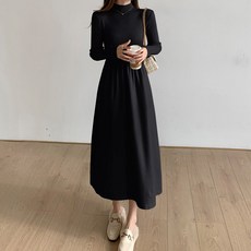 Murielle 女款半高領羅紋針織長版洋裝, 黑色