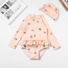 Starbean 女童半拉鍊圖案長袖泳衣 + 泳帽組
