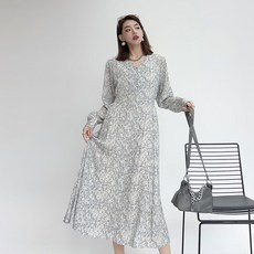 더시럽 여성용 V넥 쉬폰 스모킹 찰랑 롱 원피스