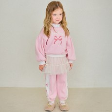 hejmini 女童蝴蝶結荷葉邊紗裙褲貂絨刷毛上下衣套裝