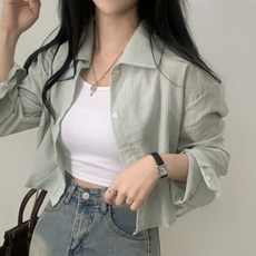 PEONIST 女款短版粉彩條紋短袖襯衫