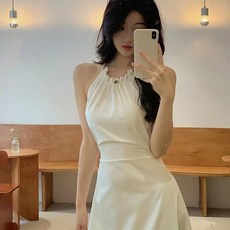 PEONIST 削肩A字長版連身裙, 白色