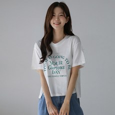 女款Going To印花開衩T恤, 綠色