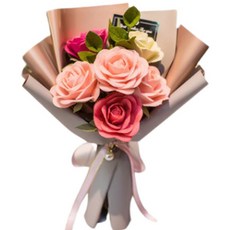 DIY 부직포 장미 꽃다발 6송이, 1세트, 핑크