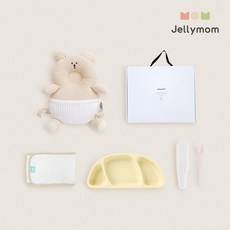 jellymom 新生兒禮盒 護頭防摔背帶枕+矽膠托盤+輔食湯匙+包巾組, 小熊燕麥片(後衛)、黃色(盤)、淡粉紅色(湯匙), 1組