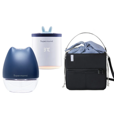 Supermama 超級媽媽 孕媽咪必備組 Set, Air Plus單邊電動吸乳器+星空小兔子攜帶式加熱溫奶器+哺乳收納保冷(溫)袋, 1組, 藍色