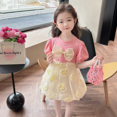 오렌지다몸 여아용 입체 리본 꽃송이 치마 반팔 원피스