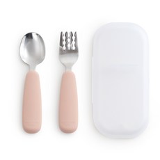 TACKAON 123 矽膠湯匙叉子收納盒組, 1個, 湯匙(L) + 叉子(L) + 收納盒, 米粉色