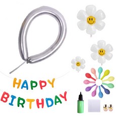MINITTINE 馬卡龍氣球 + 金屬長條氣球 1.8g x 50p + 微笑花朵3件組 + 不織布Happy Birthday掛旗 + 打氣筒組合, 隨機出貨(氣球), 金屬銀色(長條氣球), 隨機出貨(打氣筒), 1套