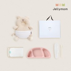 jellymom 新生兒禮盒 護頭防摔背帶枕+矽膠托盤+輔食湯匙+包巾組, 小熊燕麥片(保護套)、粉紅色(盤)、奶油米色(湯匙), 1組