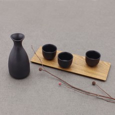 Dalsogeum 韓國產陶瓷清酒瓶 花苞全黑酒器組, 酒瓶 + 酒杯 3入, 1套