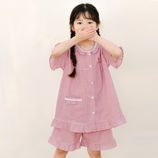JJiniya 女童 學生 Lulu格紋 40支紗純棉 短袖睡衣 上下套裝