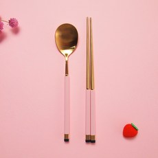 Bogen Kara 兩色金色兒童勺子+筷子, 金色 粉色, 湯匙+筷子, 1組
