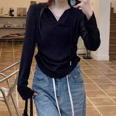 구디프 여성용 슬림핏 크롭 후드 데일리 기본 긴팔 티셔츠