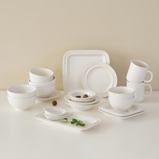 LENANSE Monde 4人份餐具 22件組, 1套, 飯碗 4p + 湯碗 4p + 小菜碟 S 2p + 小菜碟 L 2p + 圓盤 2p + 方盤 S 2p + 方盤 L + 長方盤 + 橢圓醬料碗 2p + 馬克杯 2p, 奶油白