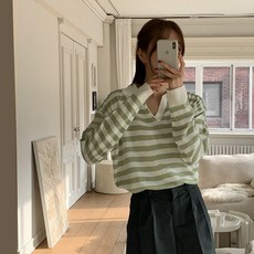 로렌하이 여성용 카밍 스트라이프 오픈 카라 니트