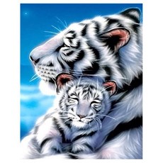 KMELLIE 帆布畫框一體成型 3D 圓形 鑽石畫 DIY 套組 50 x 40 cm, 白虎的母愛, 1套