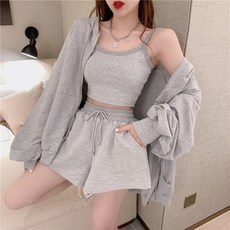 Goodif 女性穿搭連帽拉鍊外套 + 無袖背心 + 短版運動短褲套裝
