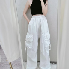 PEONIST 女款休閒寬版直筒鬆緊腰工作褲