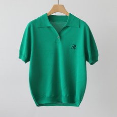 Zenith 女款基本版型休閒風嫘縈混紡亮點日常翻領刺繡短袖針織衫 n2151