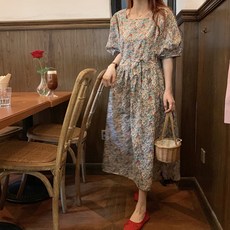 임산부 하이디 퍼프 소매 빈티지st 롱 원피스