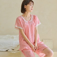 JJiniya 女款度假風短袖上衣 + 短褲睡衣套裝 8051