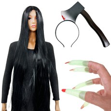 Party09 萬聖節派對用品 鬼假髮 長款 黑色 + 搞怪斧頭髮箍 + 女巫指甲套組, 1套, 混合顏色