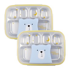 小熊圖案不鏽鋼6格餐盤便當盒 2入, 混色, 單品