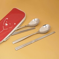 Table Art 孩童湯匙+筷子 2組+北極熊印花餐具袋, 紅色(餐具盒), 2組