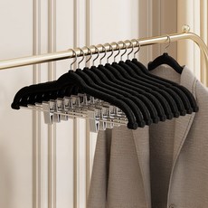 solve living 絲絨防滑套組收納夾式衣架, 黑色, 10個