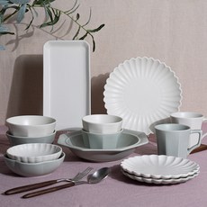 Syracuse CHINA Nature 雙人韓式餐具13件組, 飯碗 2p + 湯碗 2p + 小菜盤 12.9cm + 小菜盤 14cm + 圓盤 17.6cm 2p + 圓盤 23.2cm + 八角碗 + 長方盤 + 馬克杯 280ml x 2p, 混色(白色 + 灰色), 1套